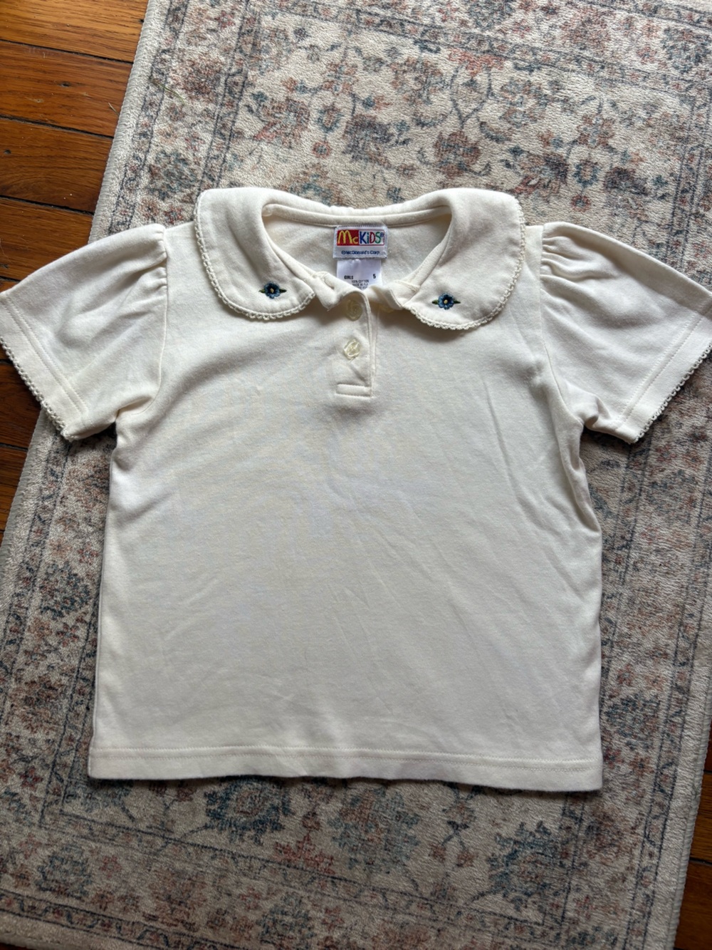 Vintage McKids Size 5 Girls Off/White Embroidered Collar Polo Top for Girls